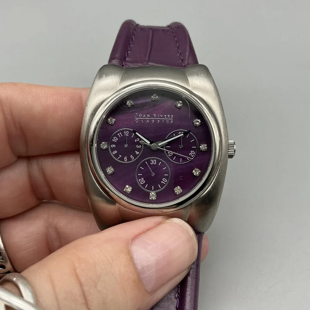 Joan Rivers Classics Women Watch 38mm Silver Tone Purple Leather New Battery